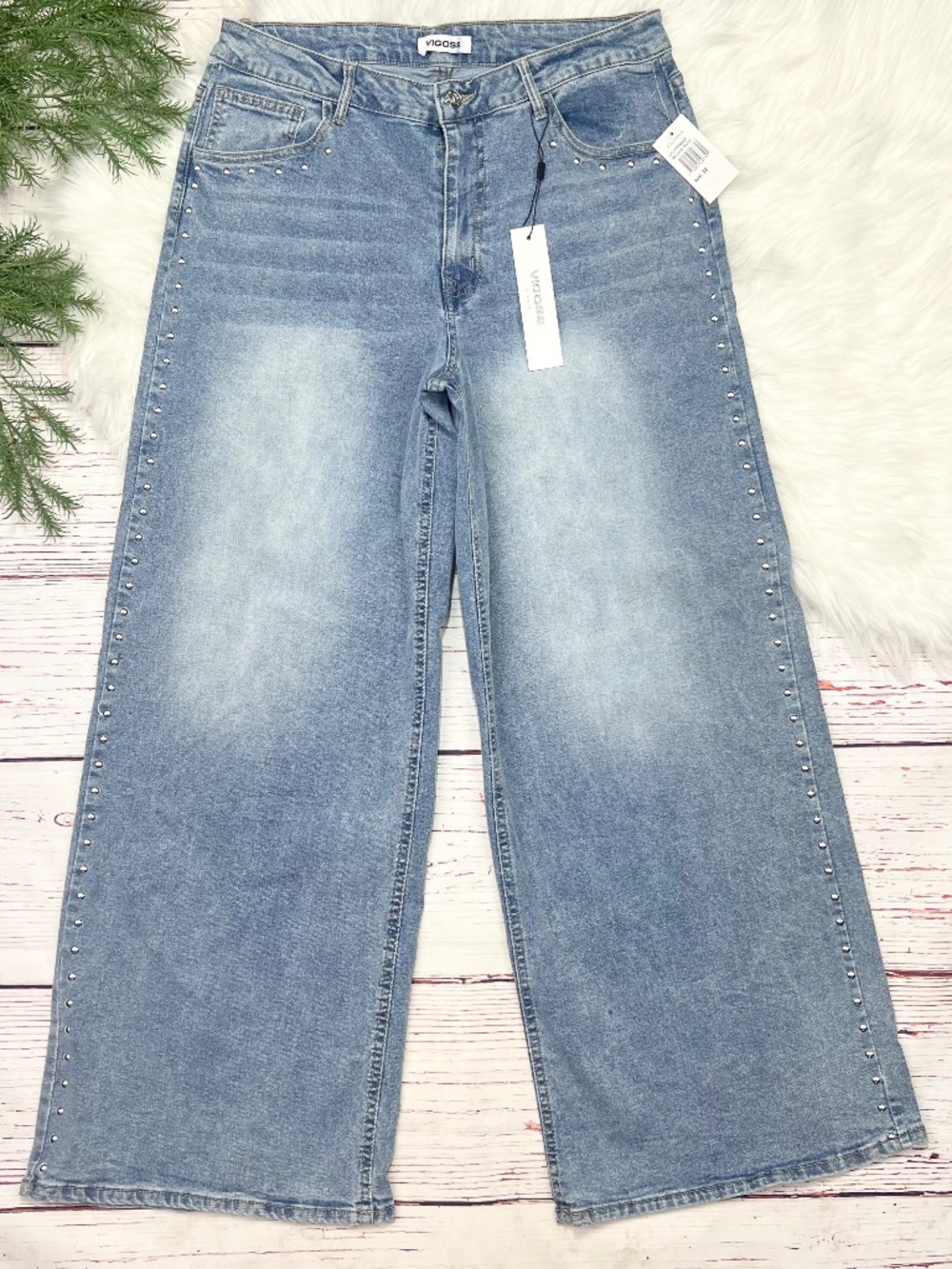 👖NWT🤩 |•VIGOSS•| Studded Wide Leg High Rise Waist Jeans Size 32👖